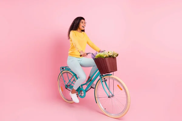Retrato de atraente surpreendido menina alegre andar de bicicleta se divertindo isolado sobre pastel cor-de-rosa fundo — Fotografia de Stock