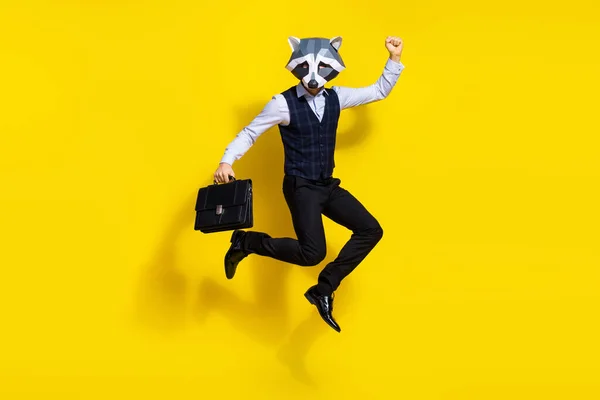 Lunghezza completa foto di strano ragazzo racoon maschera tenere borsa sollevare pugno fino vincere lotteria usura elegante gilet alla moda isolato colore giallo sfondo — Foto Stock