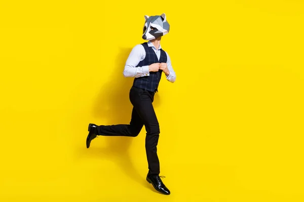 Ganzkörperprofil Seite Foto des Charakters Kerl Waschbär Maske Sprung bereiten Thema Gelegenheit tragen Weste isoliert über gelben Farbhintergrund — Stockfoto