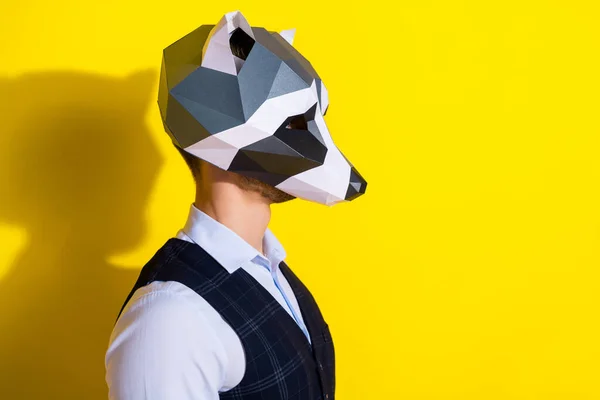Profil fotografie seriózní soustředěný chlap vypadat prázdný prostor nosit mývalí maska vesta izolované žluté barvy pozadí — Stock fotografie