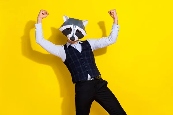 Photo of astonished office employee rejoice goal attainment wear raccoon mask vest isolated yellow color background — Stock Photo, Image