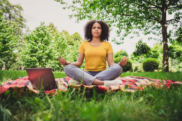 Portrét atraktivní brunetky snivé dívka sedí na obálce odpočinku meditace pomocí notebooku v lese venku — Stock fotografie