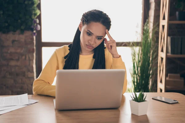 Photo of charming shiny young lady wear yellow pullover working modern device indoors room home — 图库照片