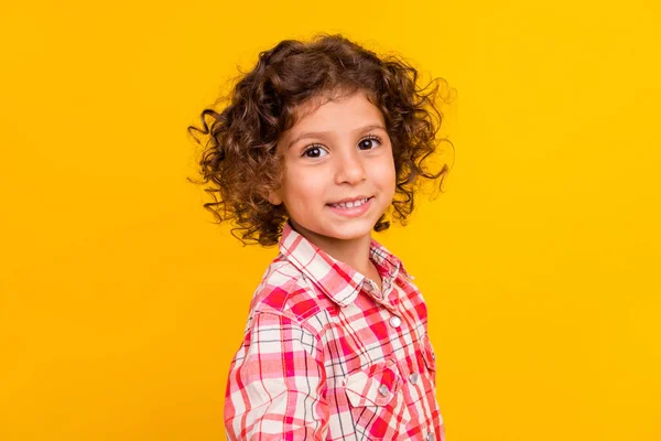 Zdjęcie słodkie uroczy szkoła dziewczyna ubrana w kratkę ubrania uśmiechając się odizolowany żółty kolor tła — Zdjęcie stockowe