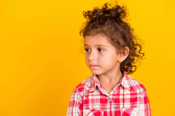 Zdjęcie ładne małe brunetka dziewczyna patrzeć puste miejsce nosić czerwoną koszulę izolowane na żółtym tle kolor — Zdjęcie stockowe