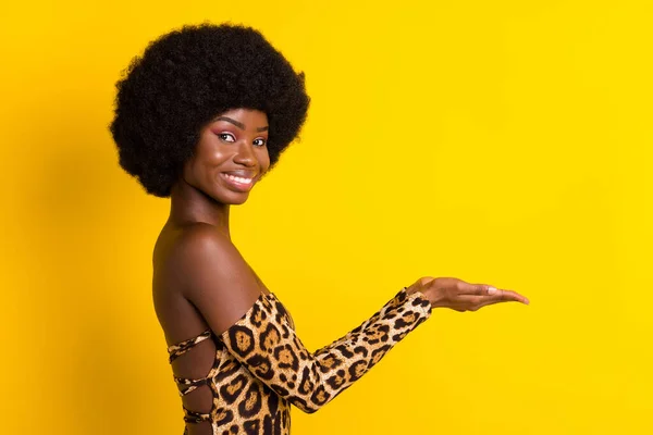 Foto de encantadora mujer de piel oscura dulce vestida traje de leopardo sonriendo sosteniendo brazos espacio vacío aislado color amarillo fondo — Foto de Stock