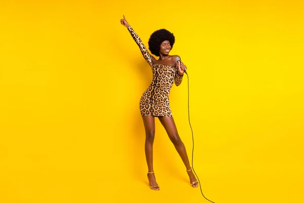 Foto de encantadora linda mujer de piel oscura vestida traje de leopardo sonriendo cantando dedo dedo aislado color amarillo fondo — Foto de Stock