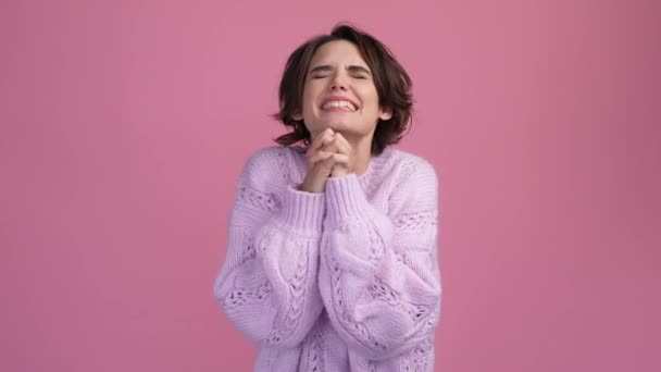 Excited lady cross hands together want wait isolated pastel color background — Stockvideo