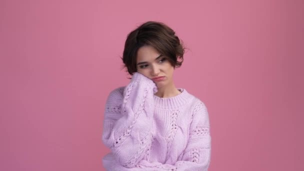 Displeased lady avoid tired conflict isolated pastel color background — 图库视频影像