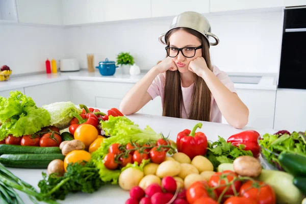 Portrait of attractive funny moody long-haired girl cooking fresh lunch bio farm menu weight loss at home light white kitchen house indoors — Stock Photo, Image