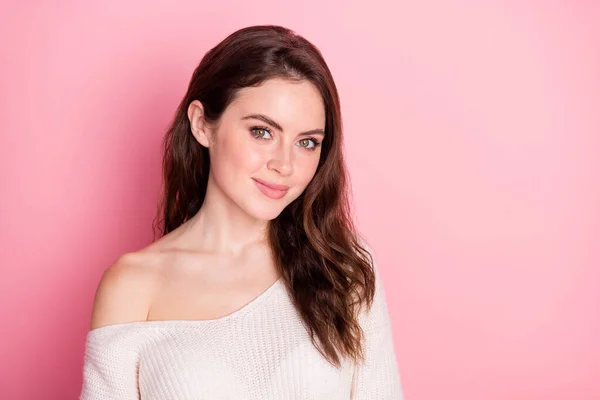 Photo of young attractive girl happy positive smile wear off-shoulders sweater isolated over pastel color background — Stockfoto