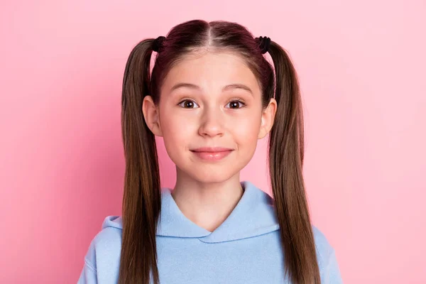 Foto retrato de chica bastante sonriente con colas peinado aislado sobre fondo de color rosa pastel —  Fotos de Stock