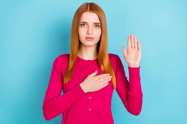 Photo of charming confident young woman wear pink shirt rising arm listening anthem isolated blue color background — Stockfoto