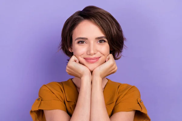 Photo of young attractive woman happy positive smile hands touch chin dream isolated over purple color background — Stockfoto