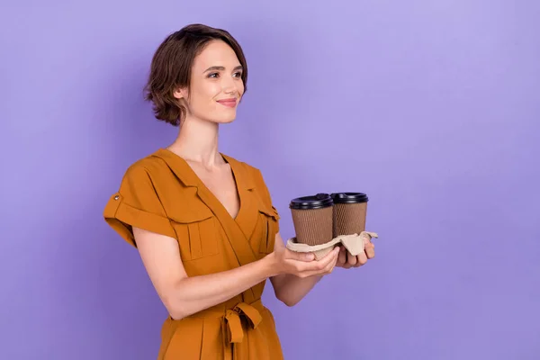 Profile side photo of young woman happy positive smile coffee tea deliver isolated over purple color background — Fotografia de Stock