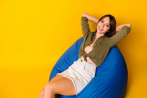 Portrait Attractive Cheerful Girl Lying Bag Chair Resting Pastime Isolated — Stock Photo, Image