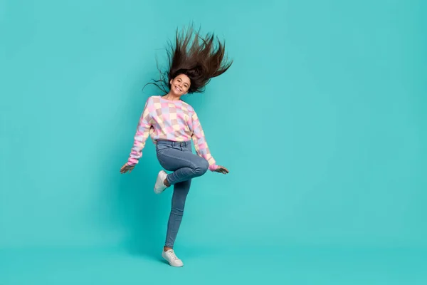 Full length body size view of attractive cheerful girl dancing throwing hair having fun isolated on bright teal turquoise color background — Foto Stock