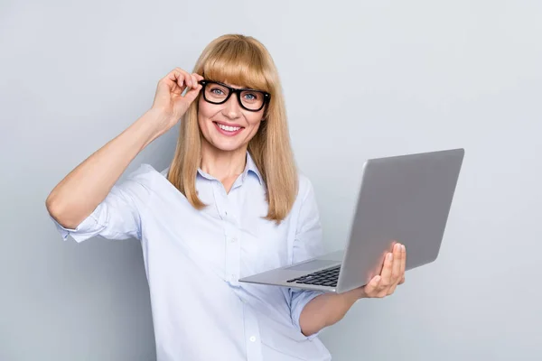 Photo Confident Charming Woman Wear Formal Shirt Spectacles Working Modern — Stock Photo, Image