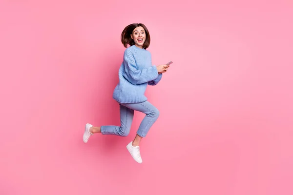 Full Length Body Size View Attractive Cheery Trendy Girl Jumping — Stock Photo, Image