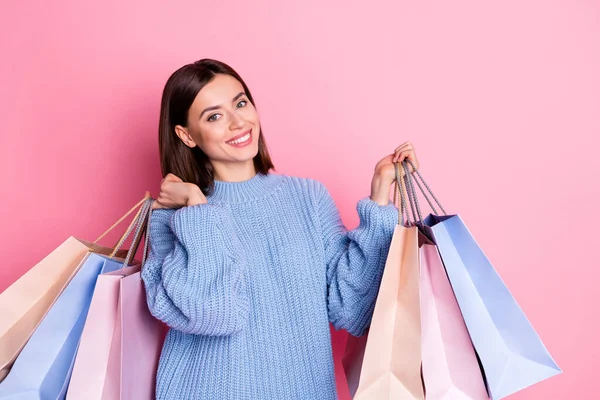 Portrait Attractive Cheerful Girl Holding Hands Bags Store Black Friday — Stock Photo, Image