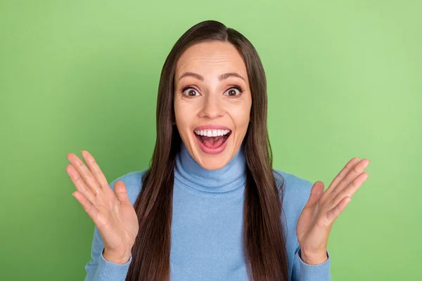 Photo of excited crazy funky lady open mouth wow reaction wear blue turtleneck isolated green color background — Fotografia de Stock