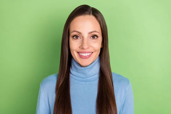Photo of cheerful positive pretty cute lady toothy shiny smile wear blue turtleneck isolated green color background. — Photo