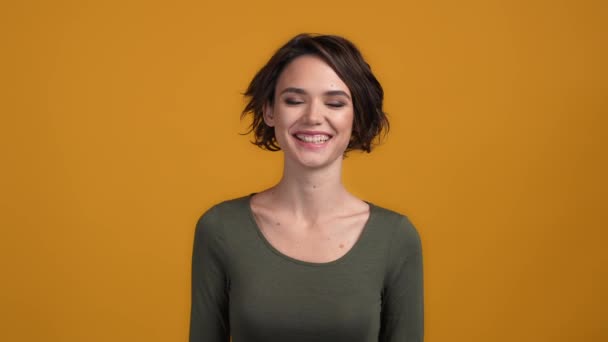 Lady toothy smiling look in camera isolated bright color background — 图库视频影像