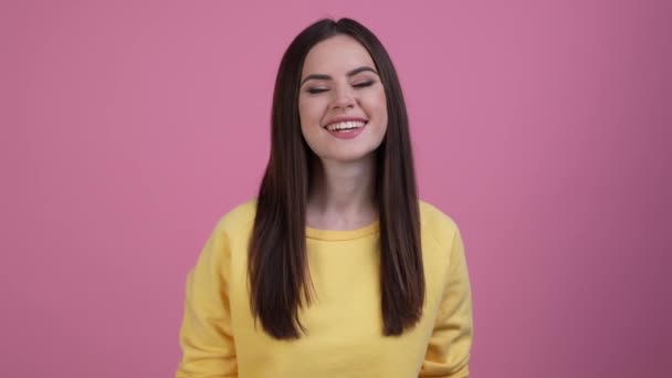 Nice lady toothy smiling in camera isolated pastel color background — Stockvideo