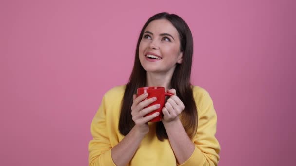 Cute inspired lady pause drink latte isolated pastel color background — Vídeo de Stock