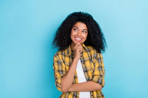 Photo Cheerful Minded Lady Finger Chin Look Empty Space Imagine — Stock Photo, Image