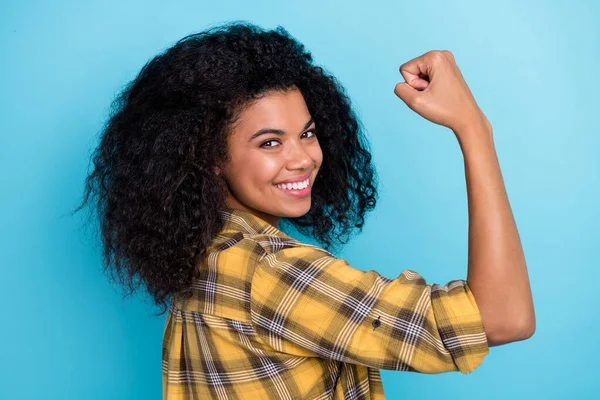 Photo Confident Strong Lady Raise Hand Show Biceps Wear Checkered — Stock Photo, Image