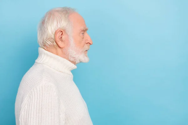 Profile photo of serious aged man look promo wear white jumper isolated on blue color background