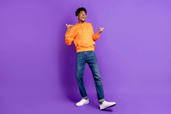 Full length body size view of attractive cheerful brunet guy having fun isolated over bright violet purple color background — Fotografia de Stock