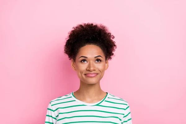 Photo of lovely wavy young lady look up wear white shirt isolated on pink color background — Φωτογραφία Αρχείου