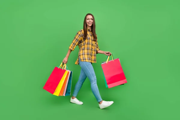 Full size profile photo of satisfied cheerful lady hold packages beaming smile isolated on green color background — Stok fotoğraf