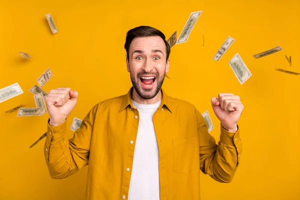 Photo Impressed Lucky Young Gentleman Dressed Casual Outfit Win Jackpot — Stock Photo, Image