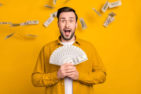 Photo Cute Impressed Young Gentleman Dressed Casual Outfit Holding Money — Stock Photo, Image