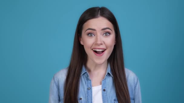 Lady impressed astonished look gift isolated blue color background — Vídeo de Stock