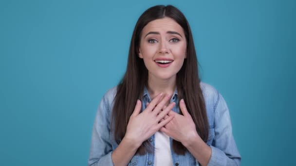 Lady receive incredible wish thank isolated blue color background — Video