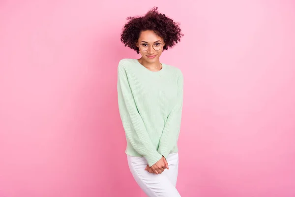 Photo of charming cheerful dark skin lady arms hold look camera isolated on bright color background — Φωτογραφία Αρχείου