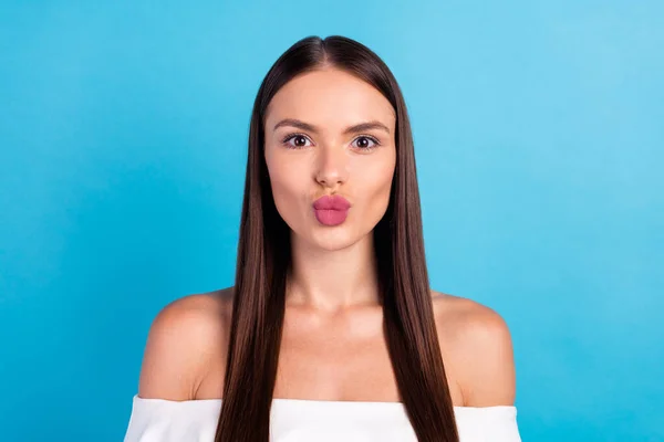 Photo of romantic lady pout lips send blow air kiss wear white blouse isolated blue color background — Φωτογραφία Αρχείου