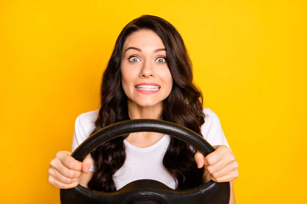 Portrait of attractive funky cheery worried wavy-haired girl holding steering wheel isolated over bright yellow color background — Stok fotoğraf