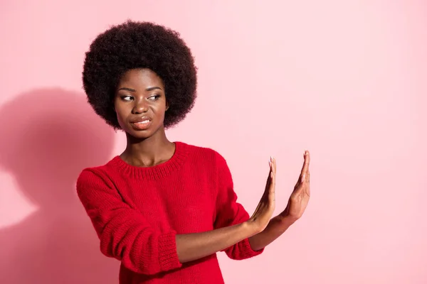 Portrait of attractive trendy girl showing no stop sign disgust bad offer isolated over pink pastel color background — Fotografia de Stock