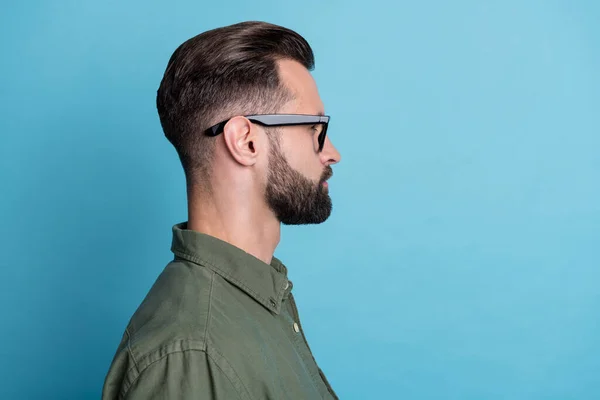 Profile side photo of handsome businessman wear glasses barbershop groomed isolated on blue color background — Fotografia de Stock