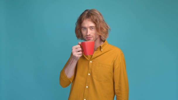 Guy gerente bebida americano desayuno aislado vívido color fondo — Vídeo de stock