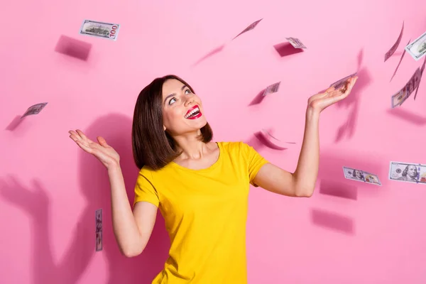 Photo of brunette impressed millennial lady yell look money wear yellow t-shirt isolated on pastel pink color background — Stock Photo, Image