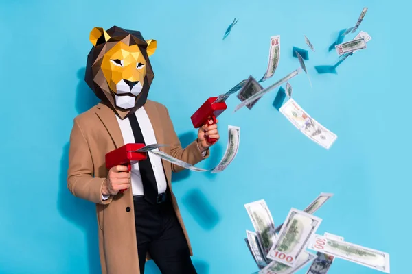 Profile side photo of weird creative lion character man shoot money jackpot credit pistol isolated over blue color background — Stock Photo, Image