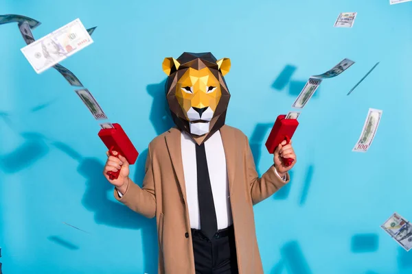 Photo of weird authentic guy wear lion mask shoot pistol billion dollars salary earnings isolated over blue color background