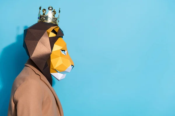 Profilo foto laterale di autentico ragazzo bizzarro in maschera di leone sguardo spazio vuoto offrire festa a tema isolato su sfondo di colore blu — Foto Stock
