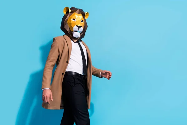 Profil sida foto av bisarra missfoster galen kille bära lejon mask gå mystiska funky händelse isolerad över blå färg bakgrund — Stockfoto